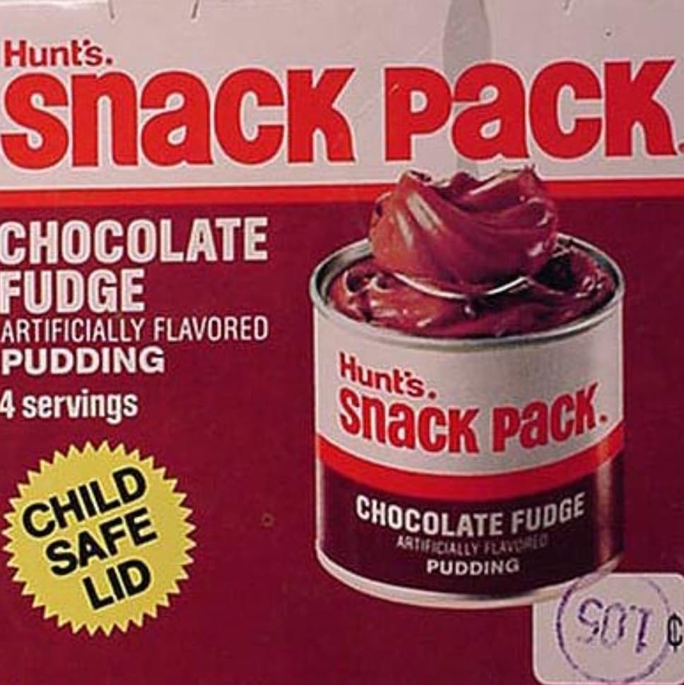 1970's snack pack pudding - Hunt's. snack Pack Chocolate Fudge Artificially Flavored Pudding 4 servings Child Safe Lid Hunt's. Snack pack. Chocolate Fudge Artificially Flavored Pudding Sot C